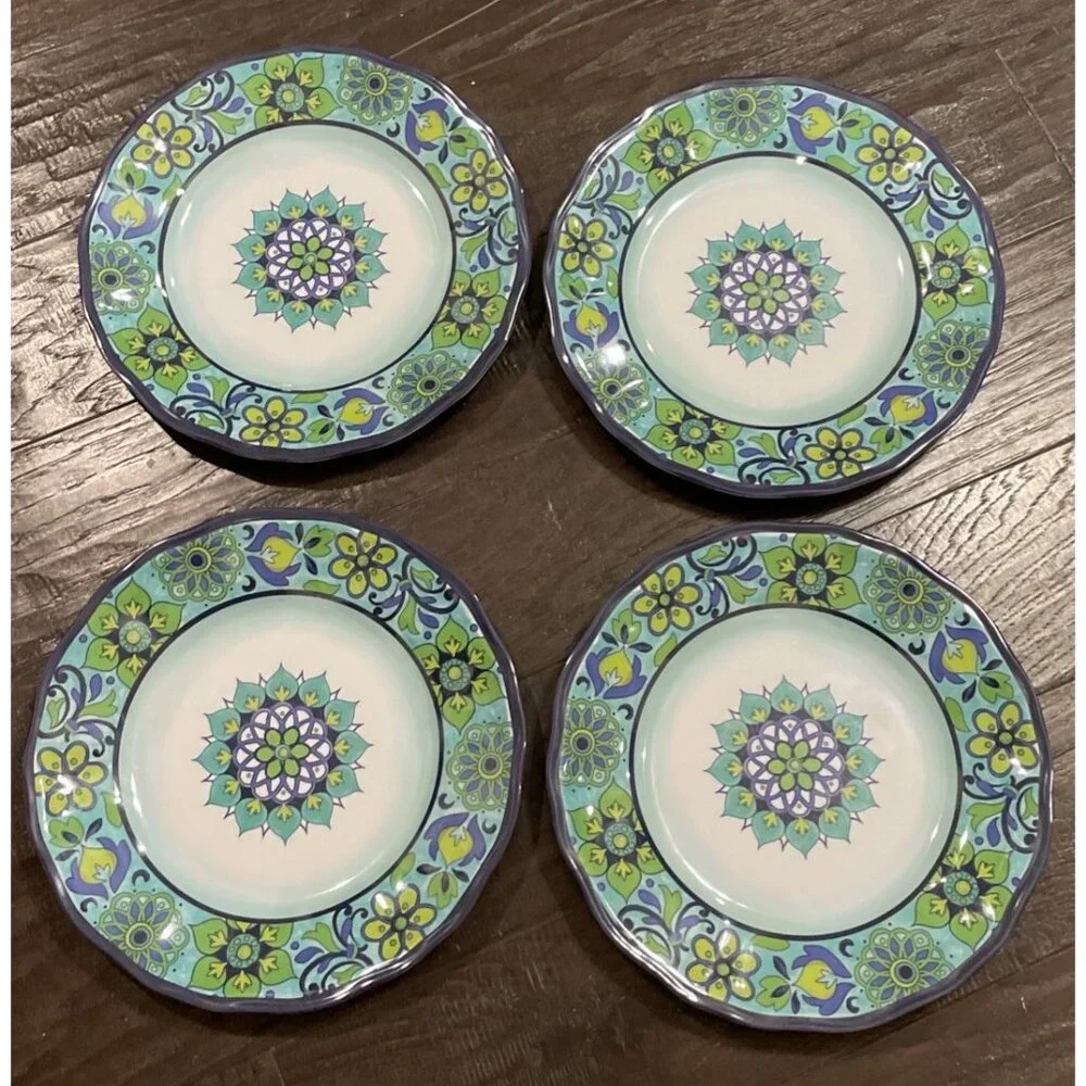 Melamine Dinner Plates Blue Colorful‎ Floral Flowers Set Of 4 Boho Cottage Beach
